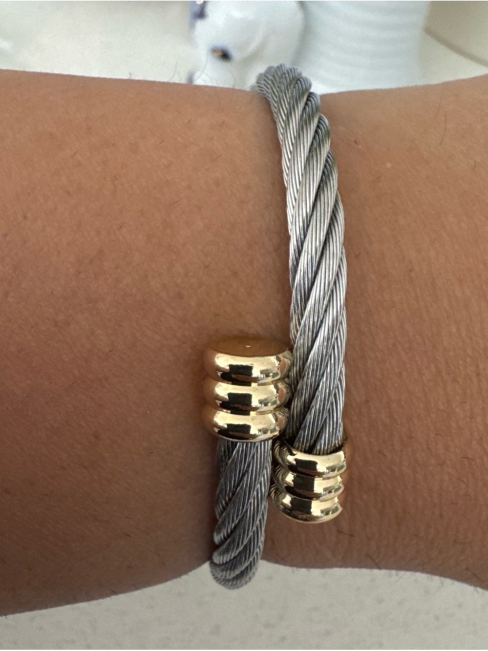 Twisted Steel Cable Cuff Bracelet with Gold Accents - Women's Jewelry